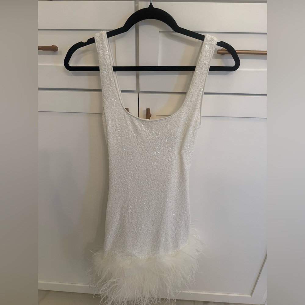 CLUB L LONDON Rosalinda sequence neck mini dress with feather trim